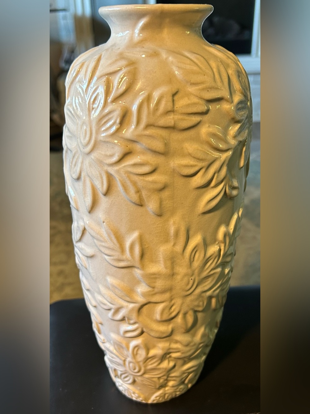 Cream Textured Floral Ceramic Vase - Elegant Home Accent 13”